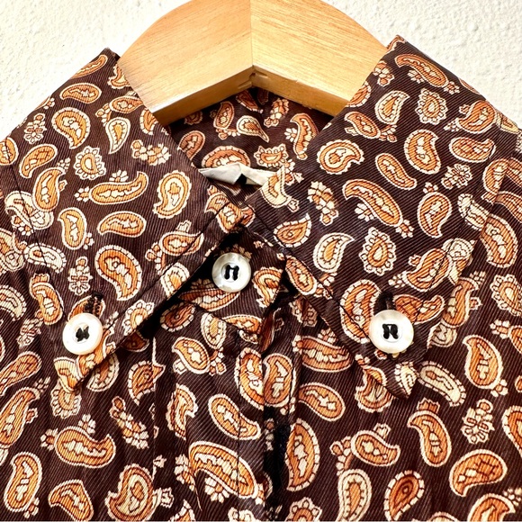 Vintage 70s Country Set Fall Micro Paisley Print Silky Satin Button Front Blouse - Picture 6 of 9